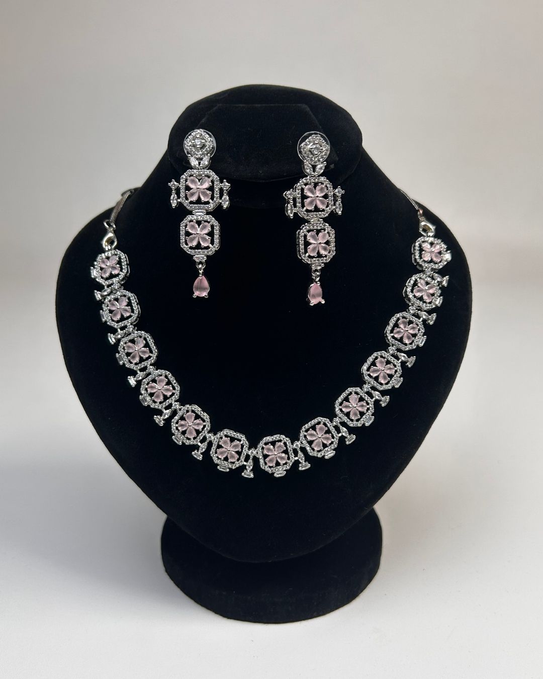 Silver Zircon Floral Party Wear Necklace Set with Earrings