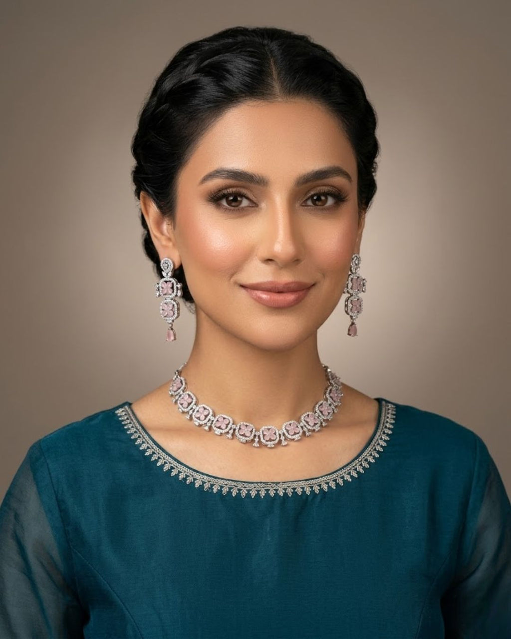 Silver Zircon Floral Party Wear Necklace Set with Earrings