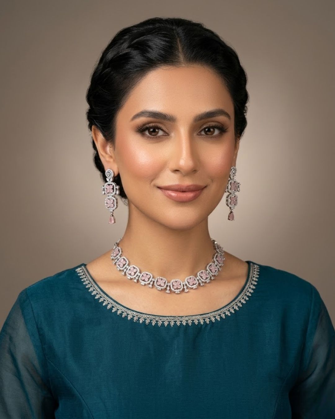 Silver Zircon Floral Party Wear Necklace Set with Earrings