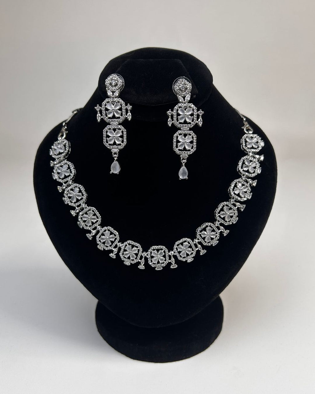 Silver Zircon Floral Party Wear Necklace Set with Earrings