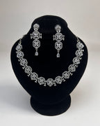 Silver Zircon Floral Party Wear Necklace Set with Earrings