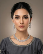 Silver Zircon Floral Party Wear Necklace Set with Earrings