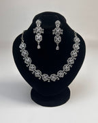 Silver Zircon Floral Party Wear Necklace Set with Earrings