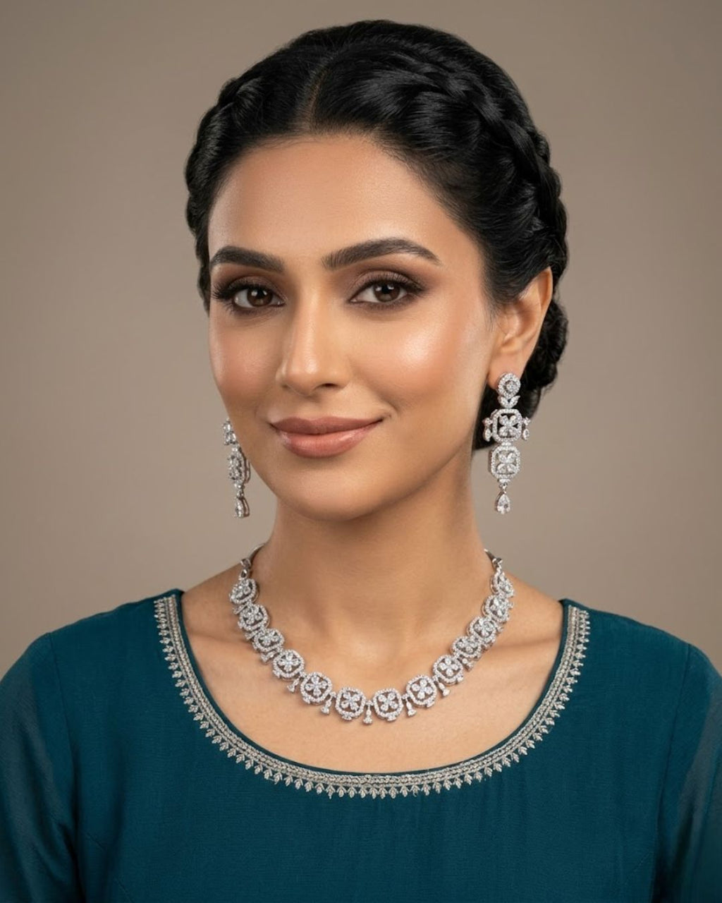 Silver Zircon Floral Party Wear Necklace Set with Earrings