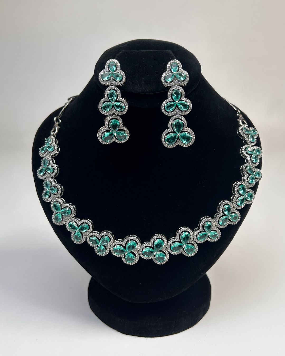 Silver Zircon Floral Party Wear Necklace Set with Earrings