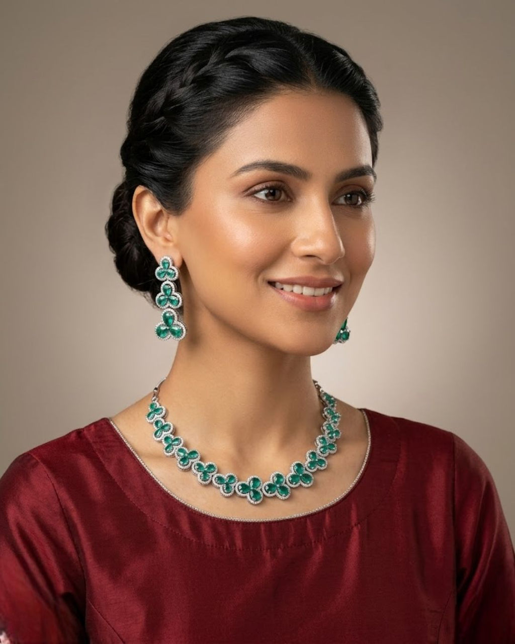 Silver Zircon Floral Party Wear Necklace Set with Earrings