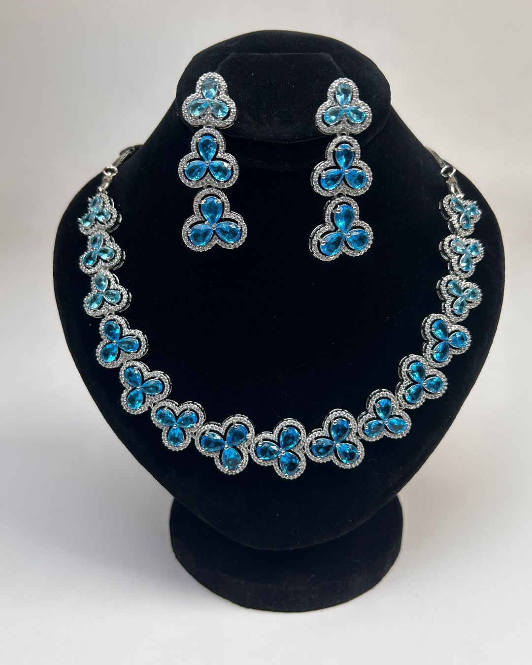 Silver Zircon Floral Party Wear Necklace Set with Earrings