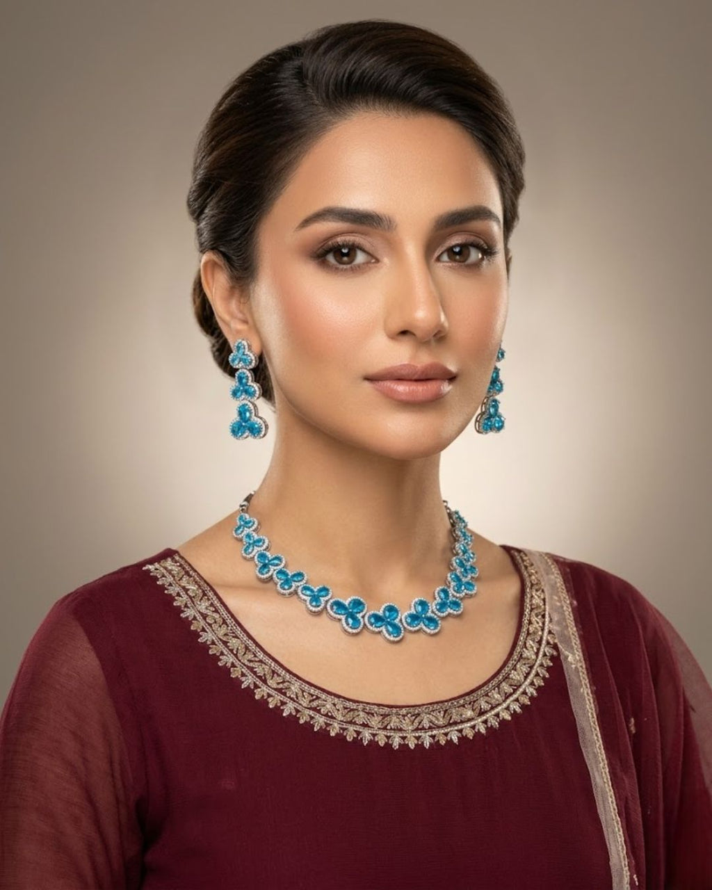 Silver Zircon Floral Party Wear Necklace Set with Earrings