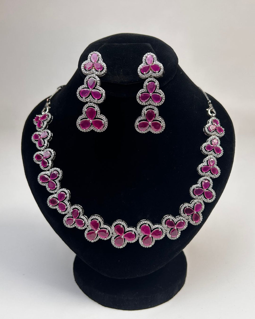 Silver Zircon Floral Party Wear Necklace Set with Earrings