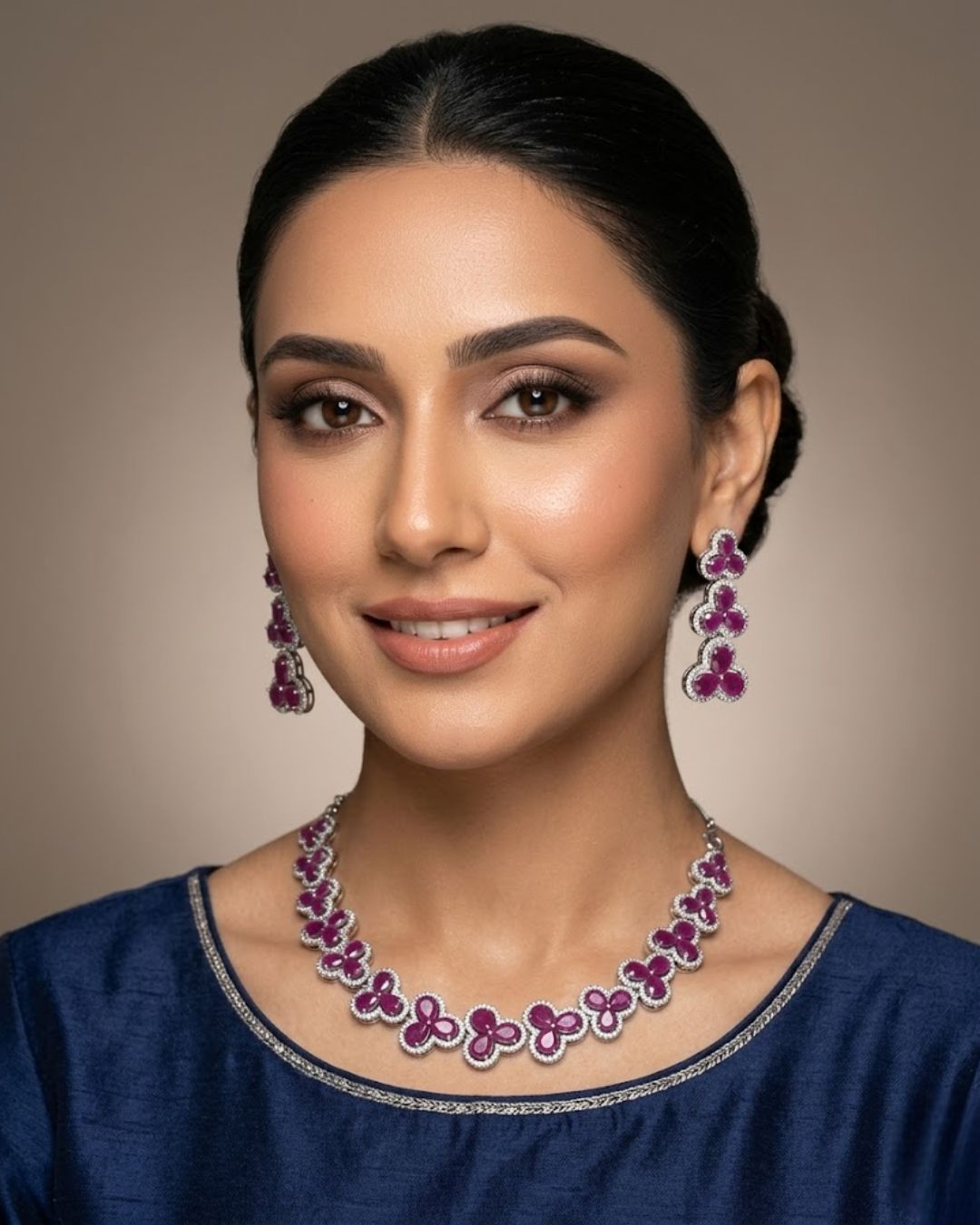 Silver Zircon Floral Party Wear Necklace Set with Earrings