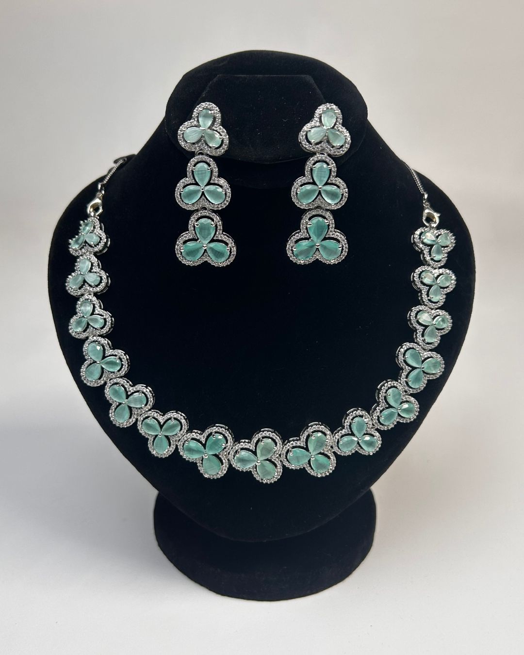 Silver Zircon Floral Party Wear Necklace Set with Earrings
