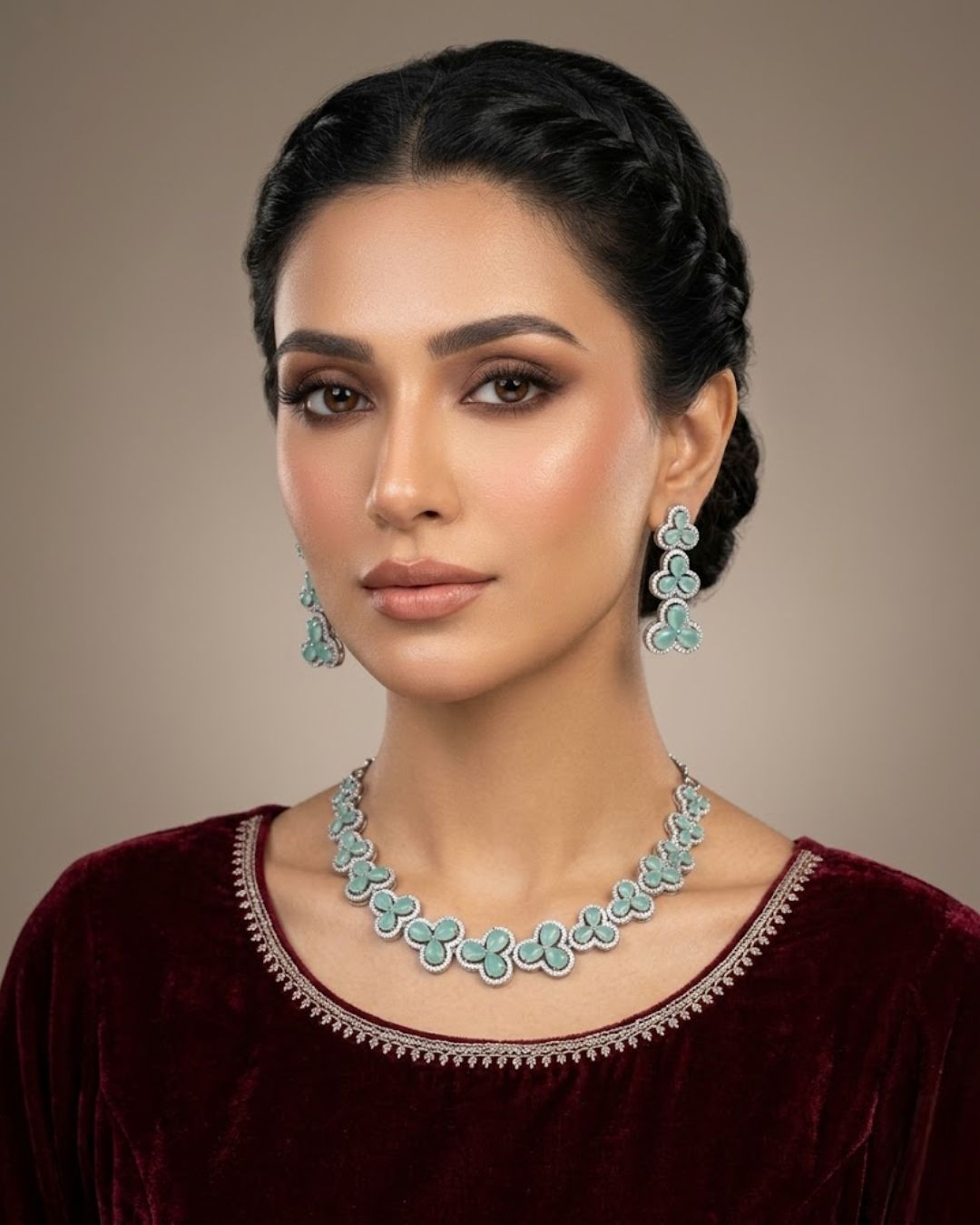 Silver Zircon Floral Party Wear Necklace Set with Earrings