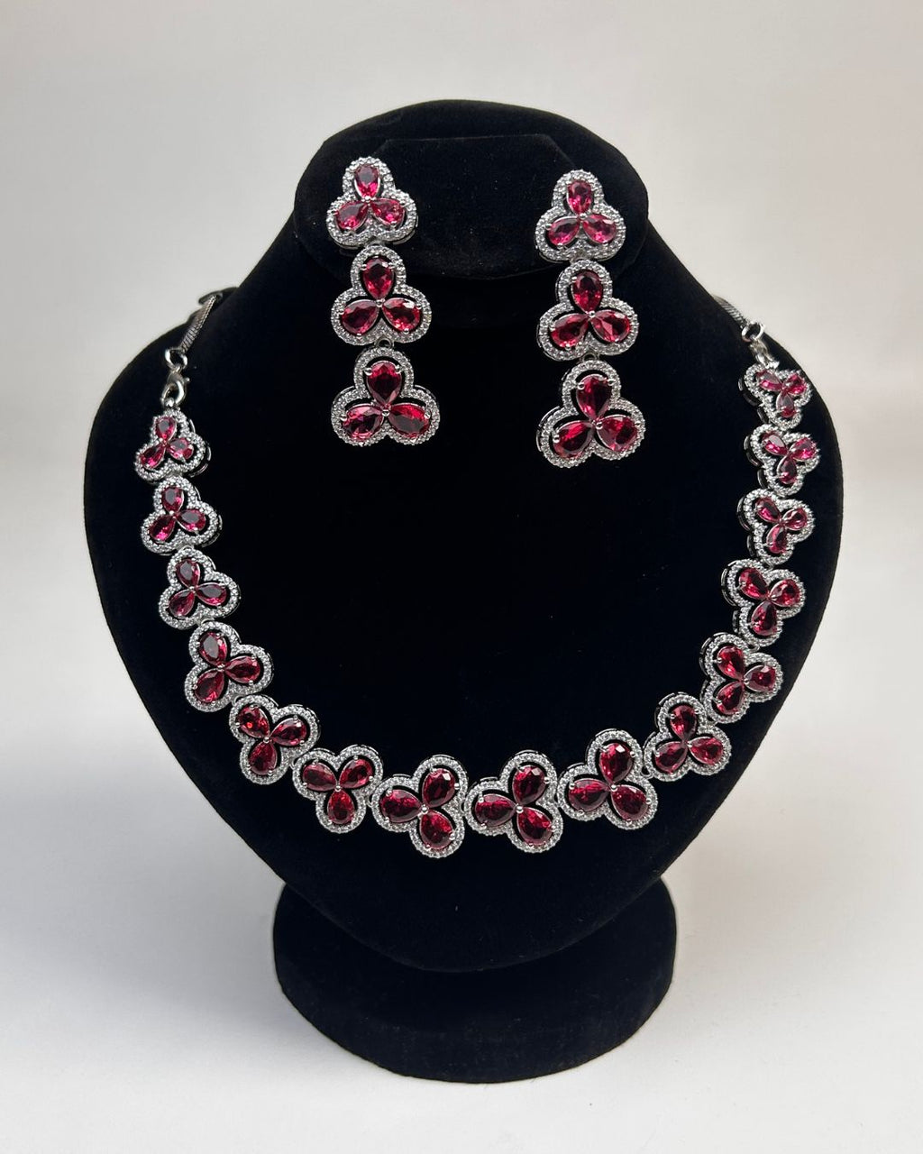 Silver Zircon Floral Party Wear Necklace Set with Earrings