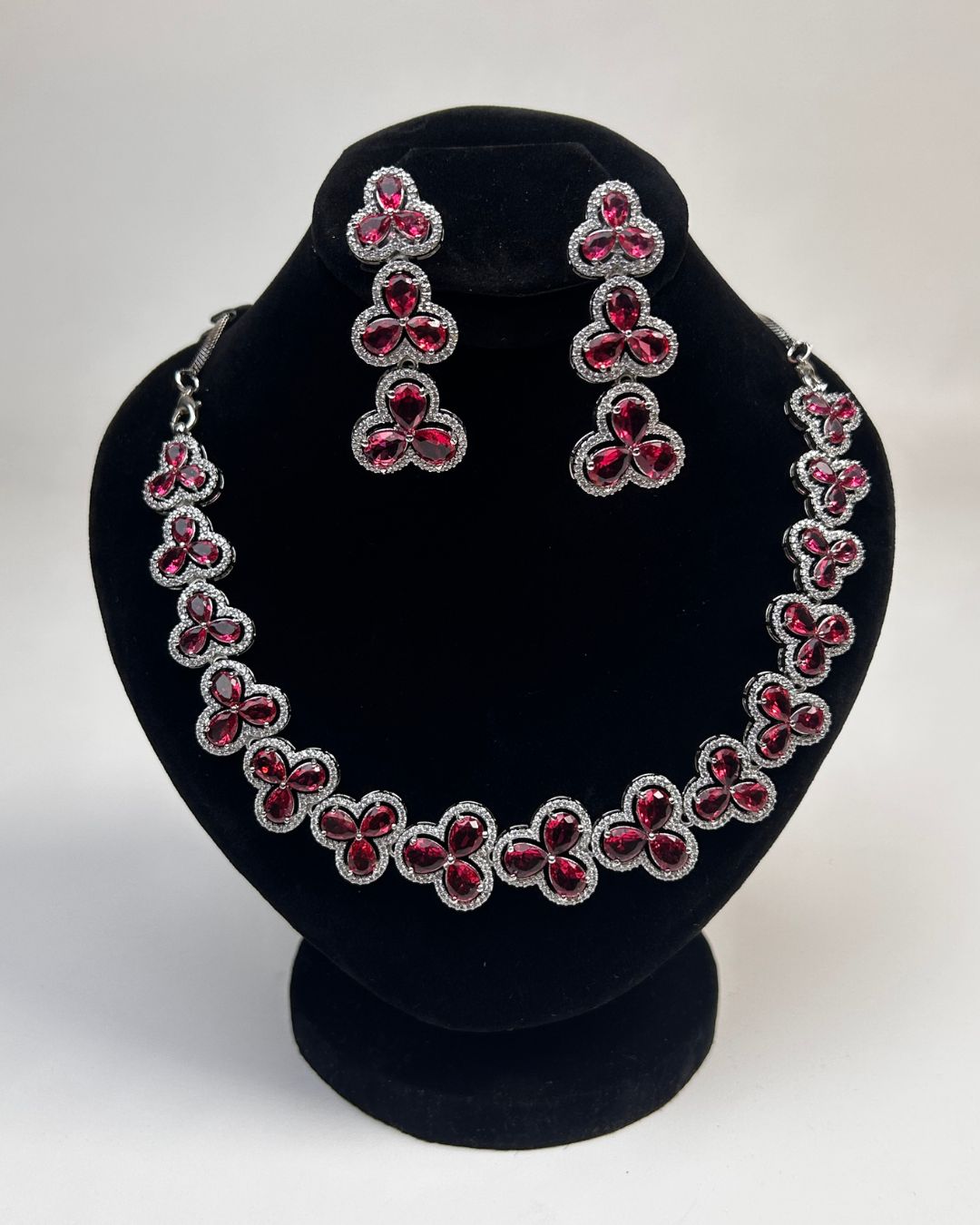 Silver Zircon Floral Party Wear Necklace Set with Earrings