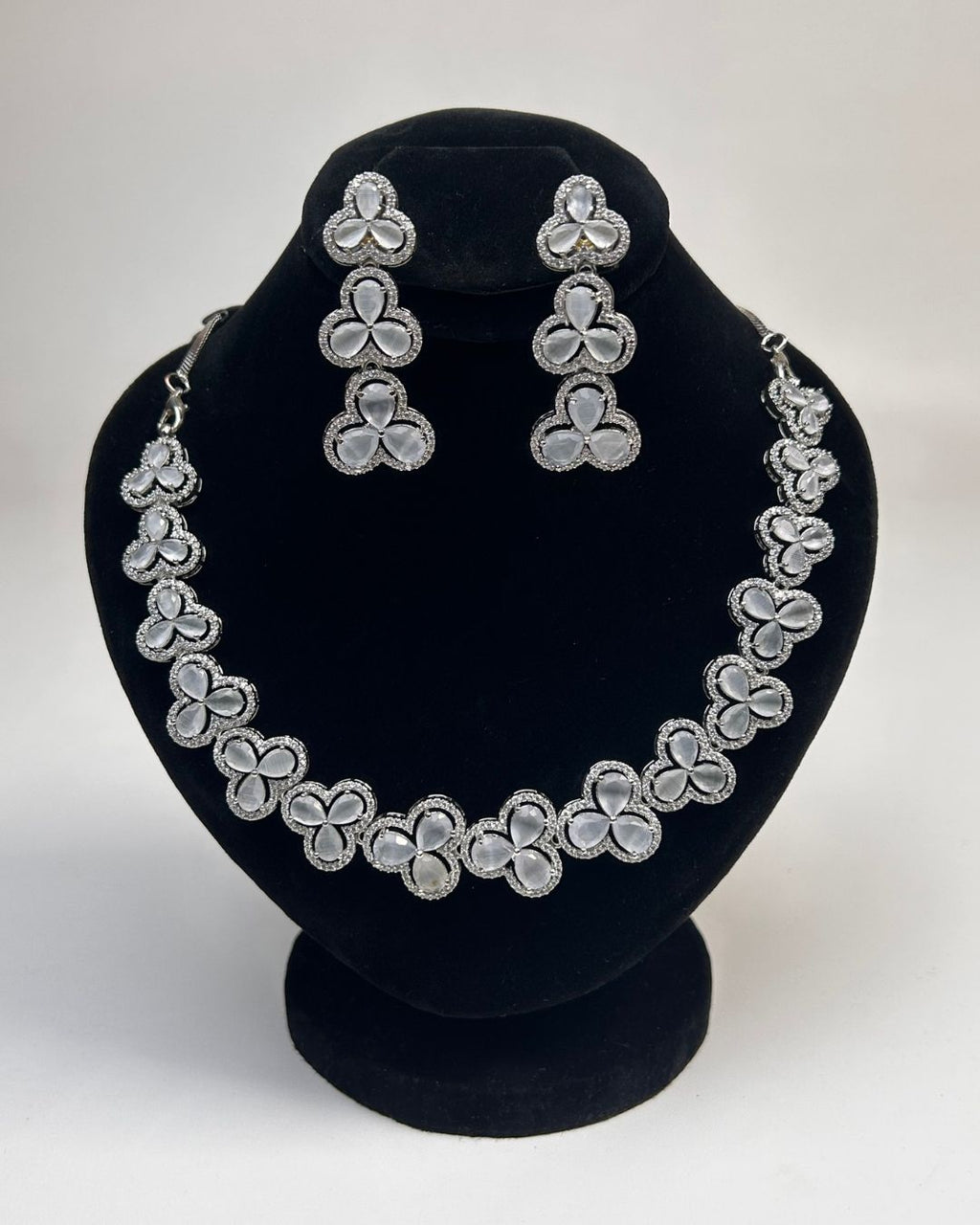 Silver Zircon Floral Party Wear Necklace Set with Earrings