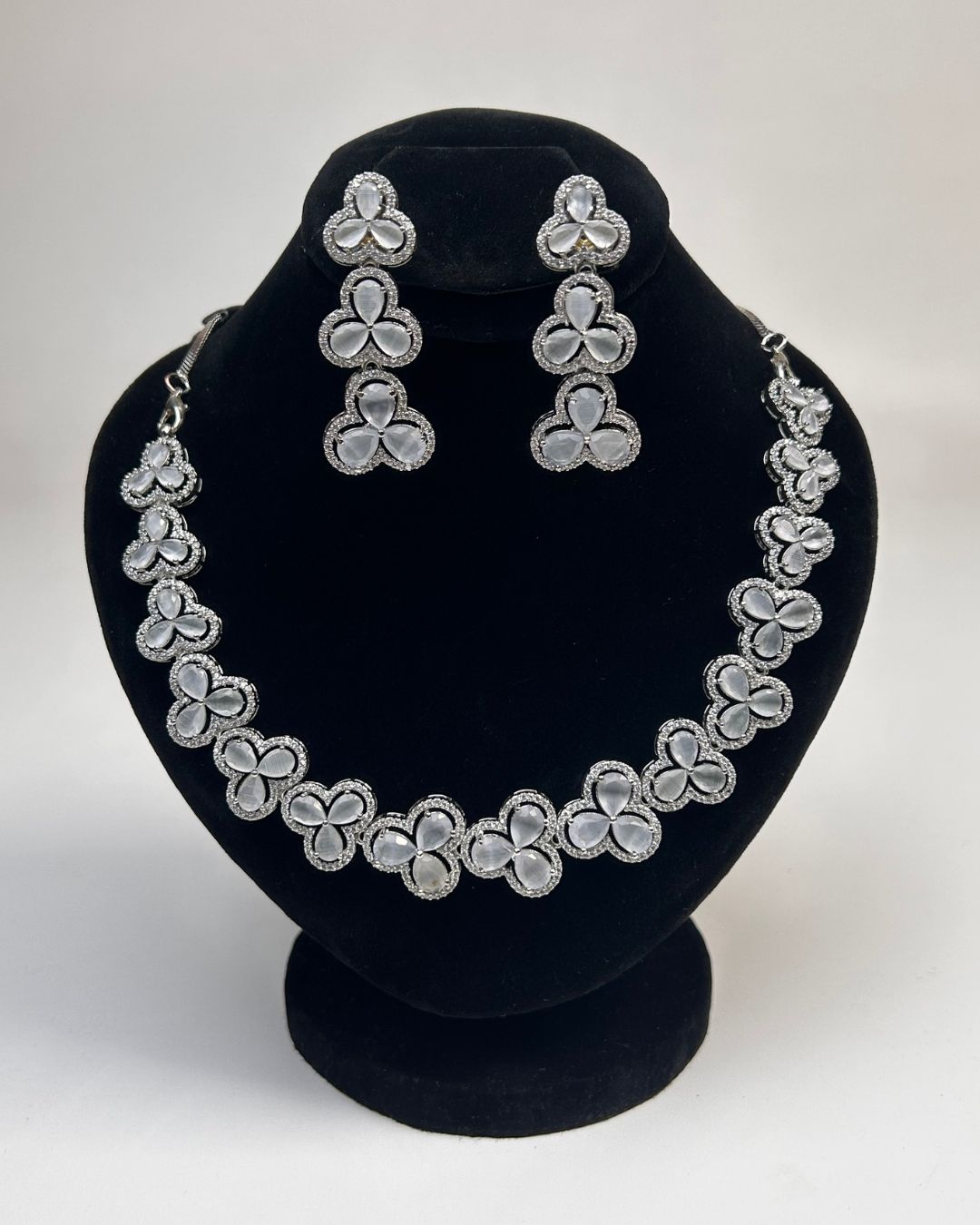 Silver Zircon Floral Party Wear Necklace Set with Earrings