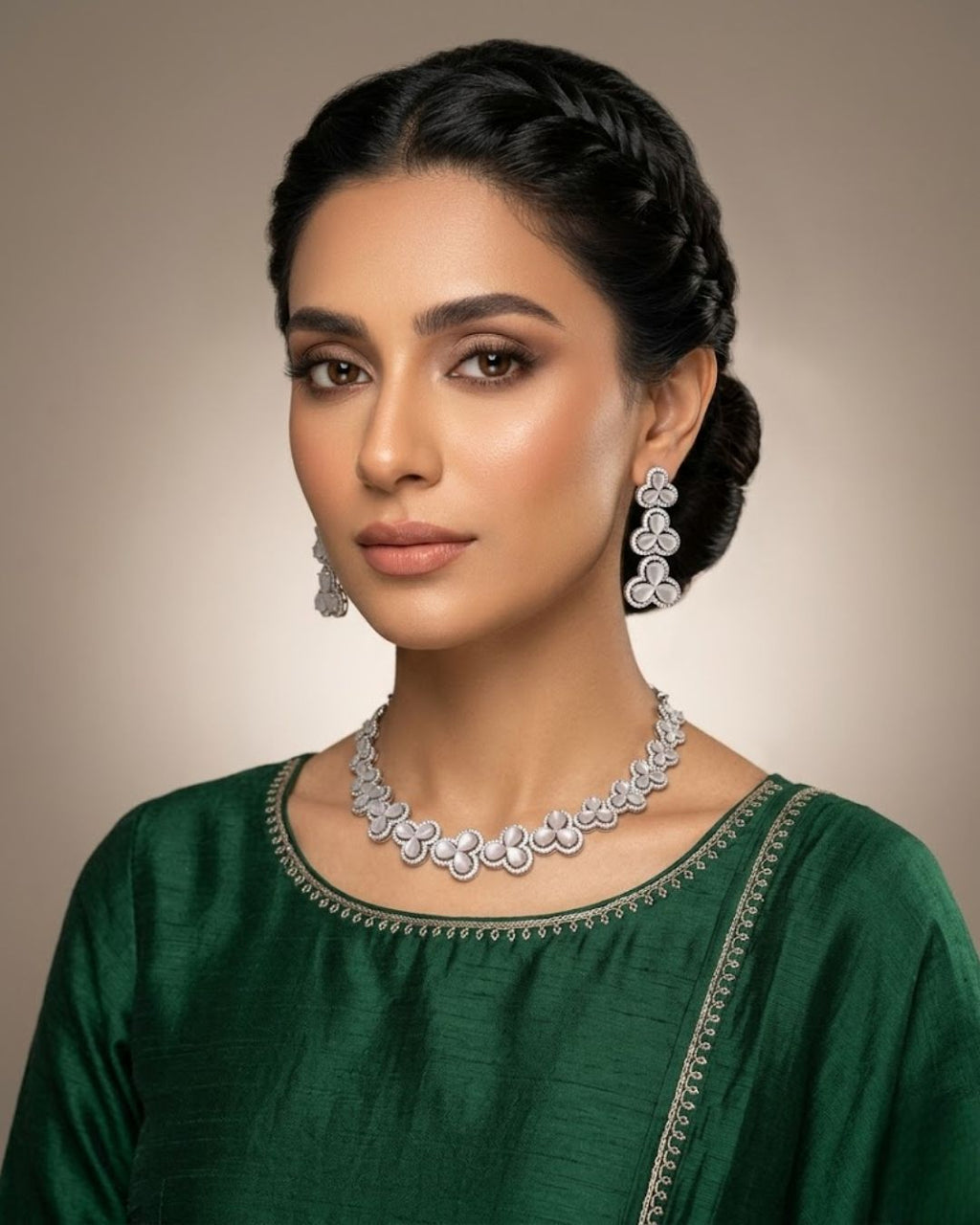 Silver Zircon Floral Party Wear Necklace Set with Earrings