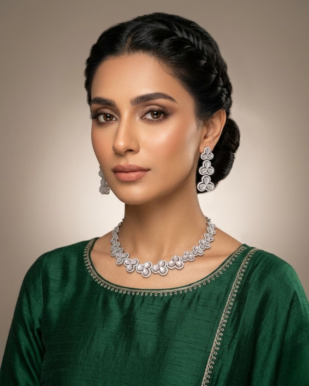 Silver Zircon Floral Party Wear Necklace Set with Earrings
