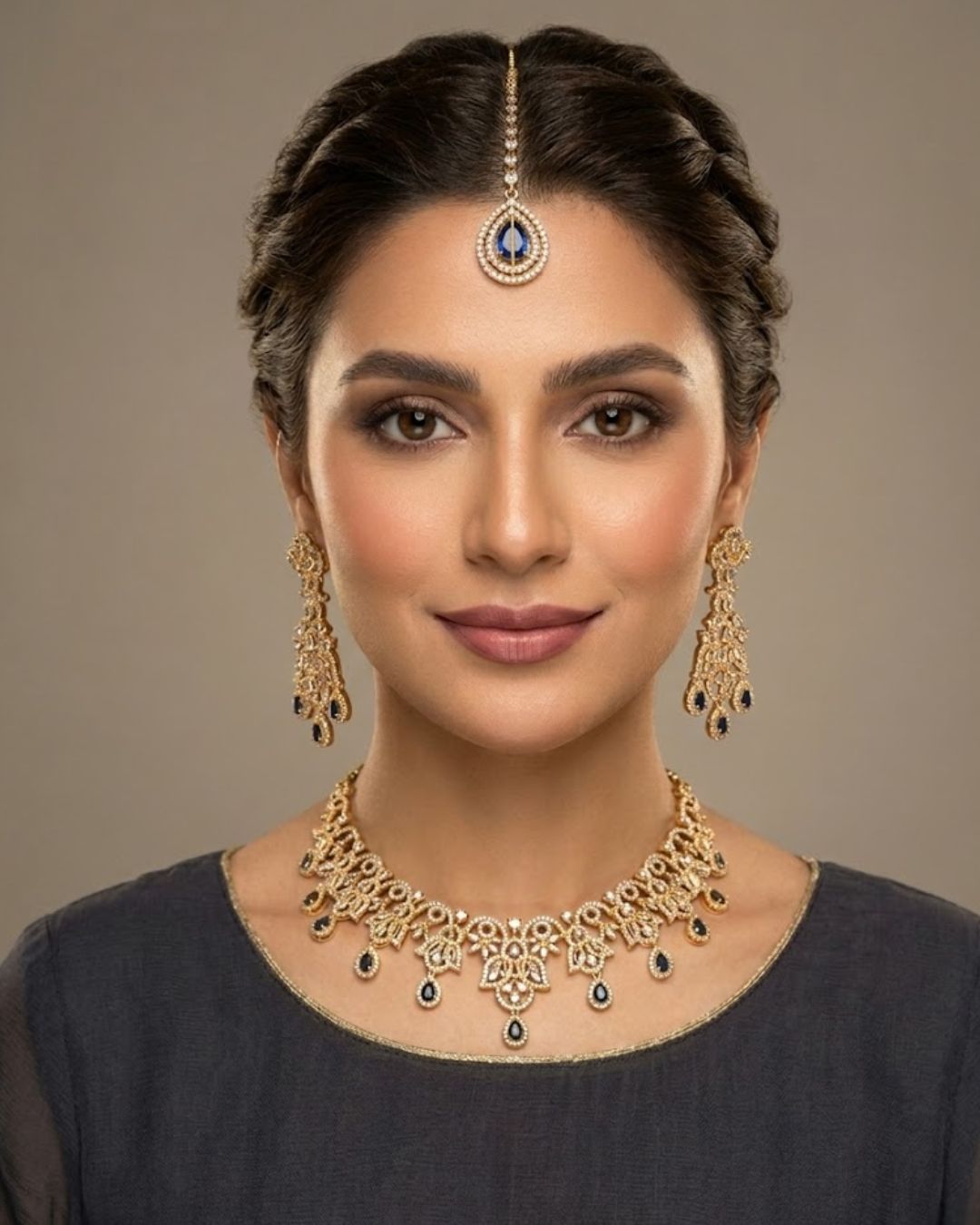 Gold Zircon Party Wear Jewelry Set with Earrings & Tikka