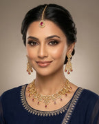 Gold Zircon Party Wear Jewelry Set with Earrings & Tikka