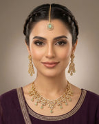 Gold Zircon Party Wear Jewelry Set with Earrings & Tikka