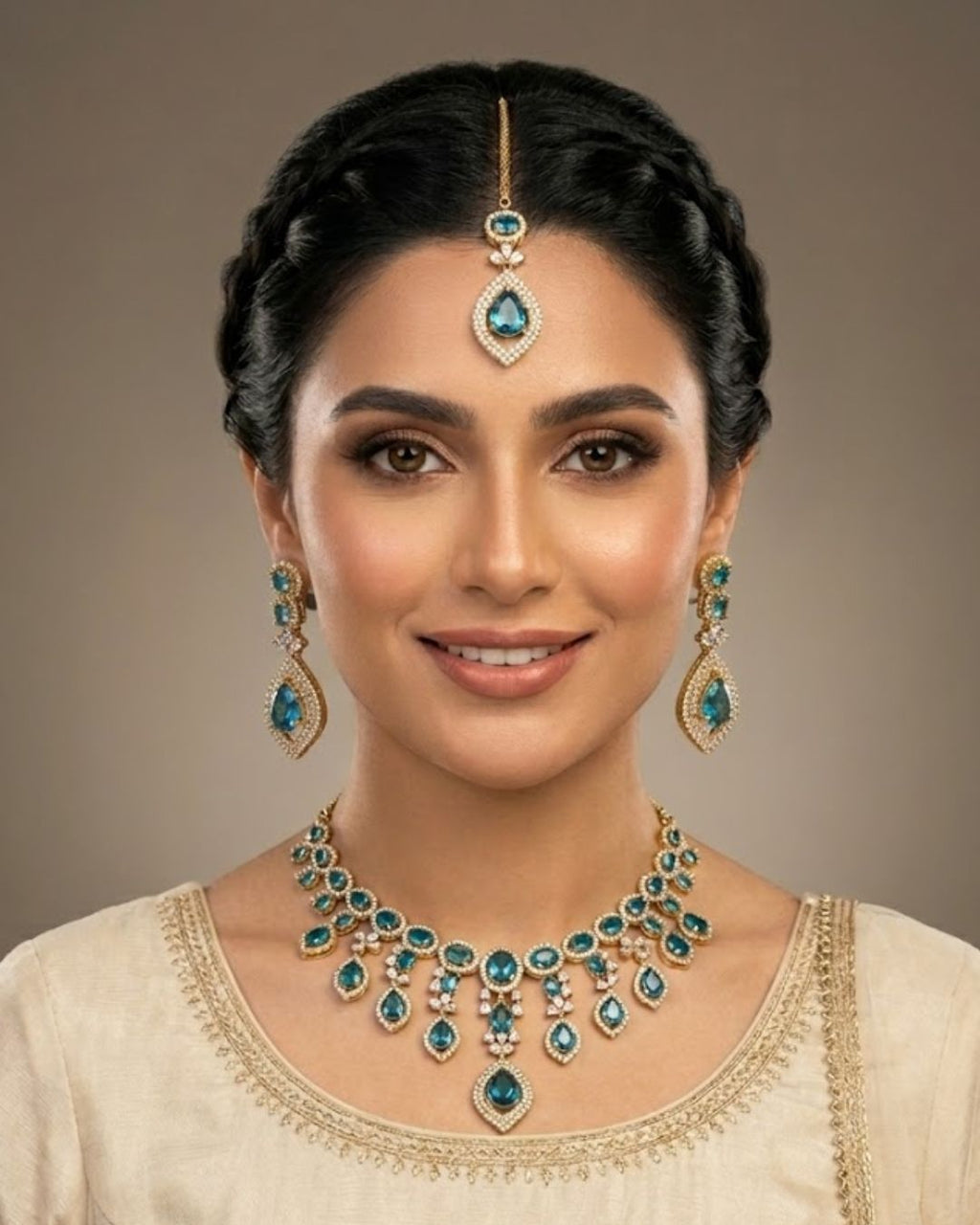 Zircon Drop Party Wear Jewelry Set with Earrings & Tikka
