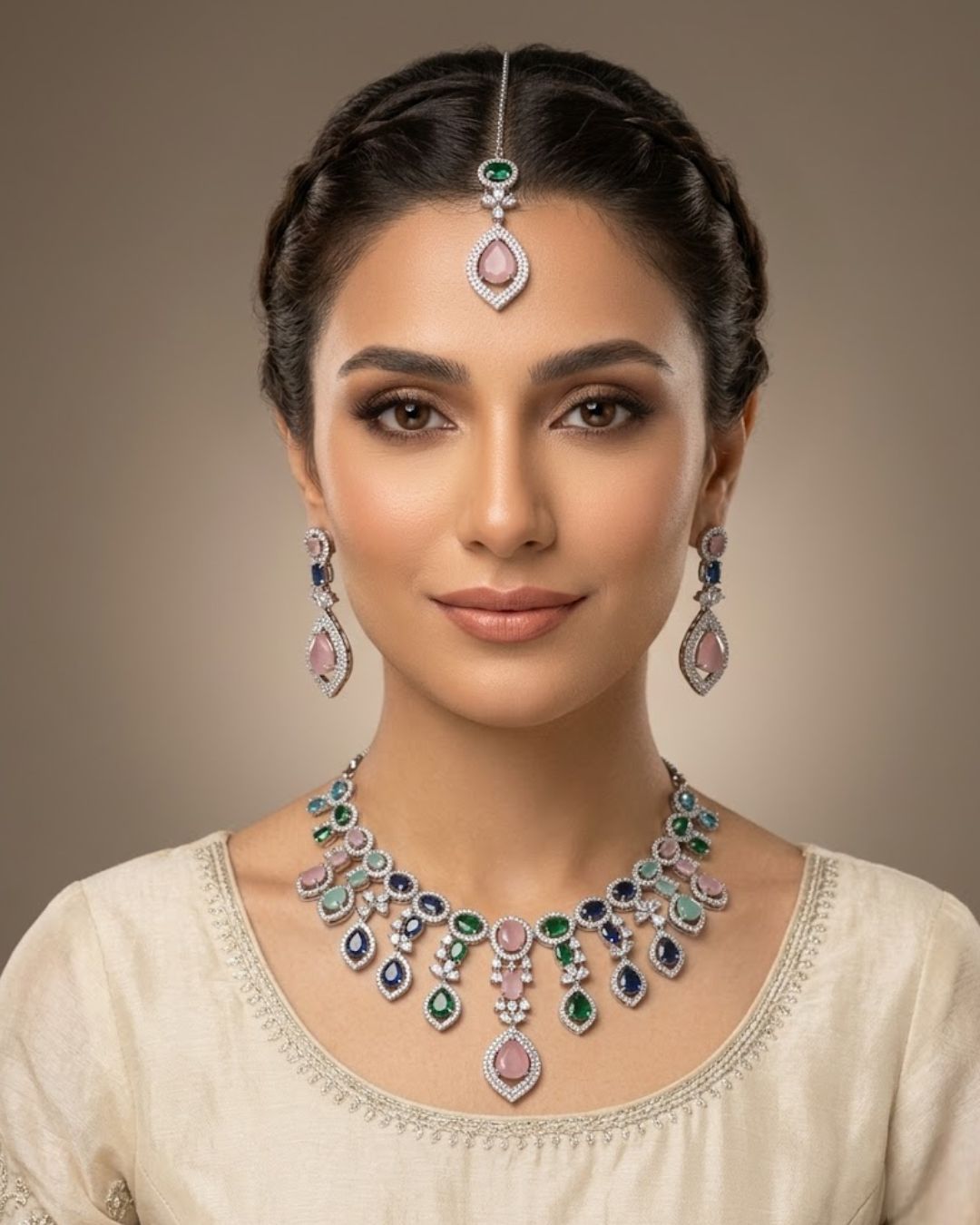 Zircon Drop Party Wear Jewelry Set with Earrings & Tikka