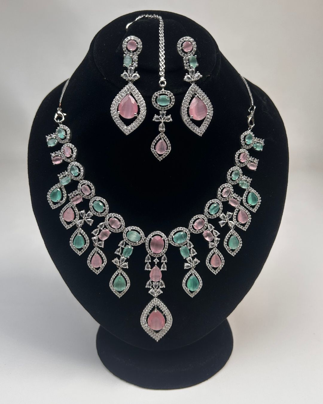 Zircon Drop Party Wear Jewelry Set with Earrings & Tikka