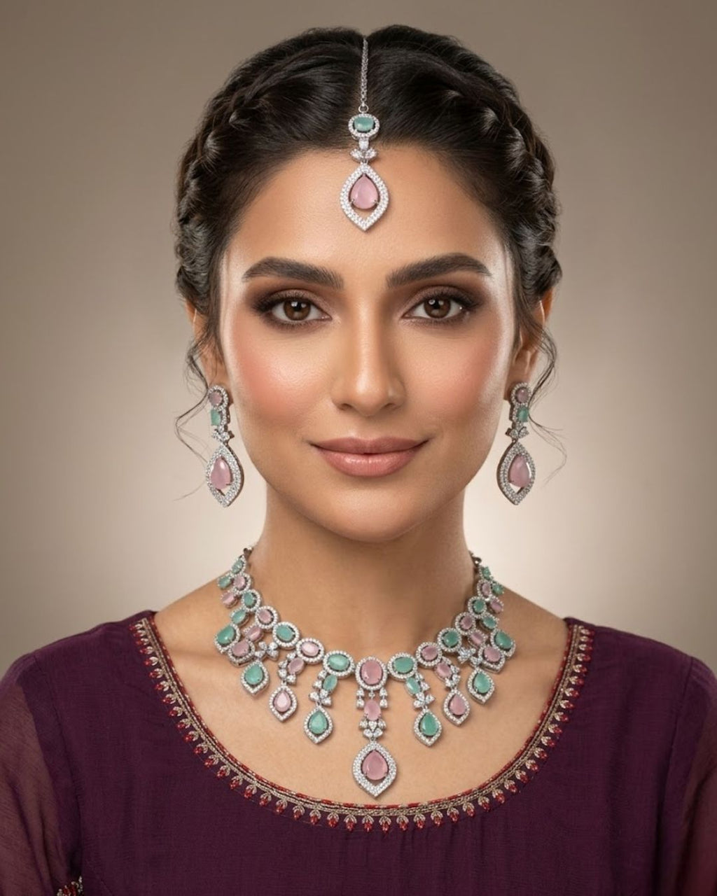 Zircon Drop Party Wear Jewelry Set with Earrings & Tikka