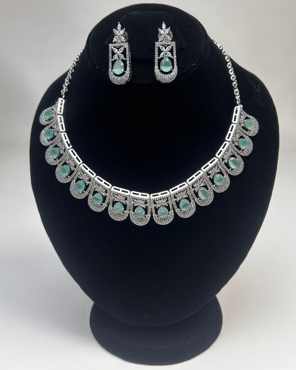 Silver Zircon Teardrop Party Wear Necklace Set with Earrings