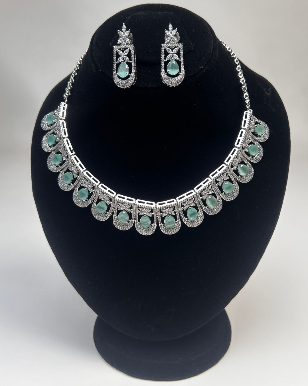 Silver Zircon Teardrop Party Wear Necklace Set with Earrings