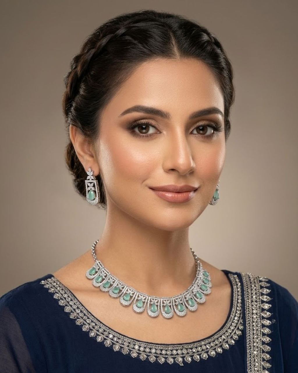Silver Zircon Teardrop Party Wear Necklace Set with Earrings