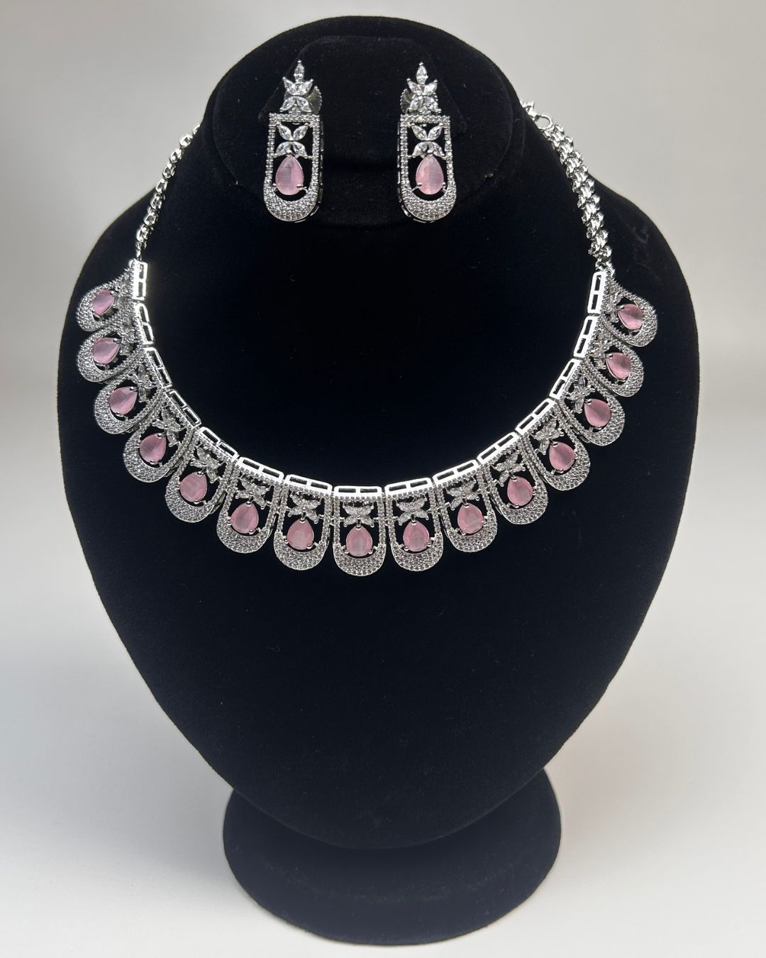 Silver Zircon Teardrop Party Wear Necklace Set with Earrings