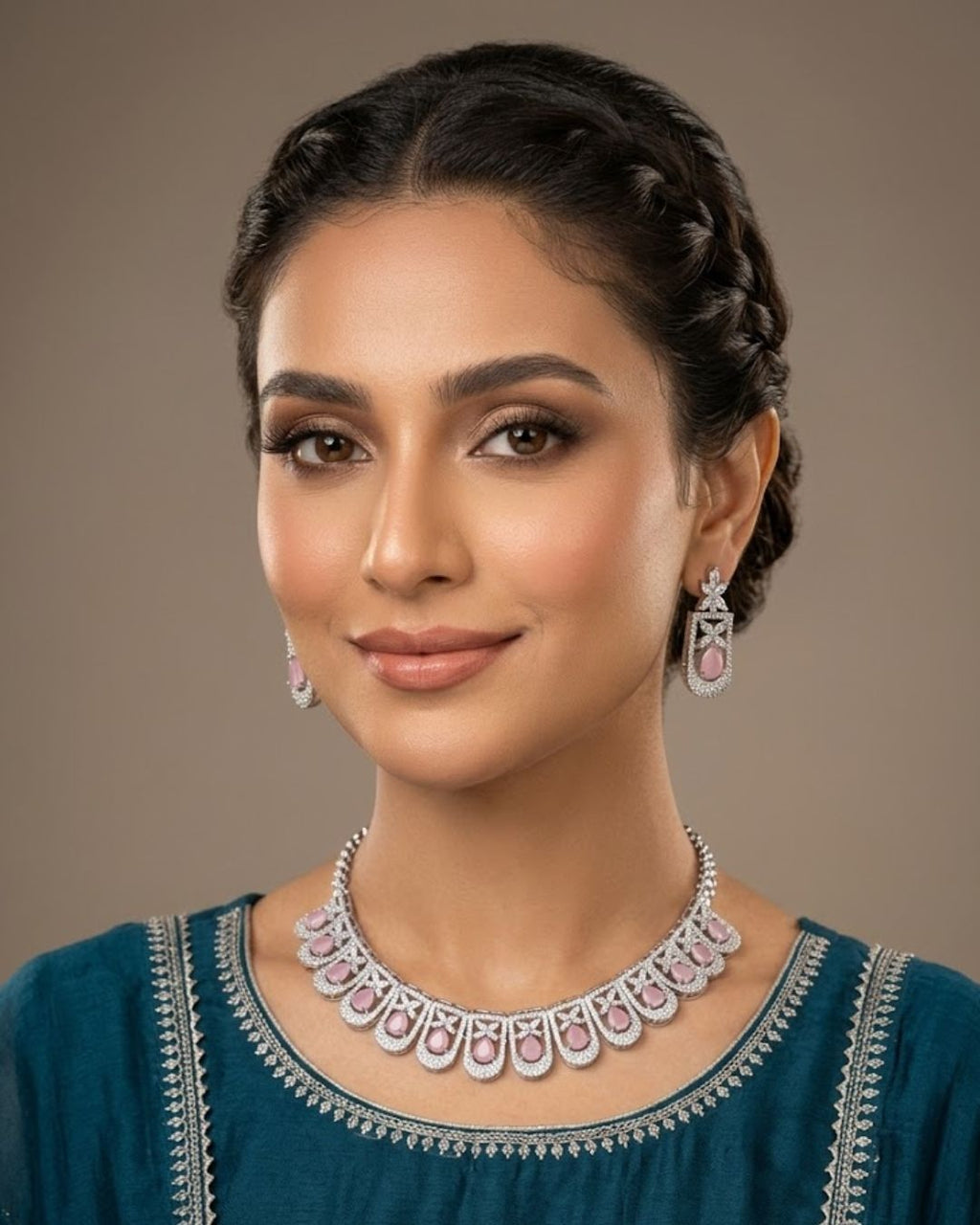 Silver Zircon Teardrop Party Wear Necklace Set with Earrings