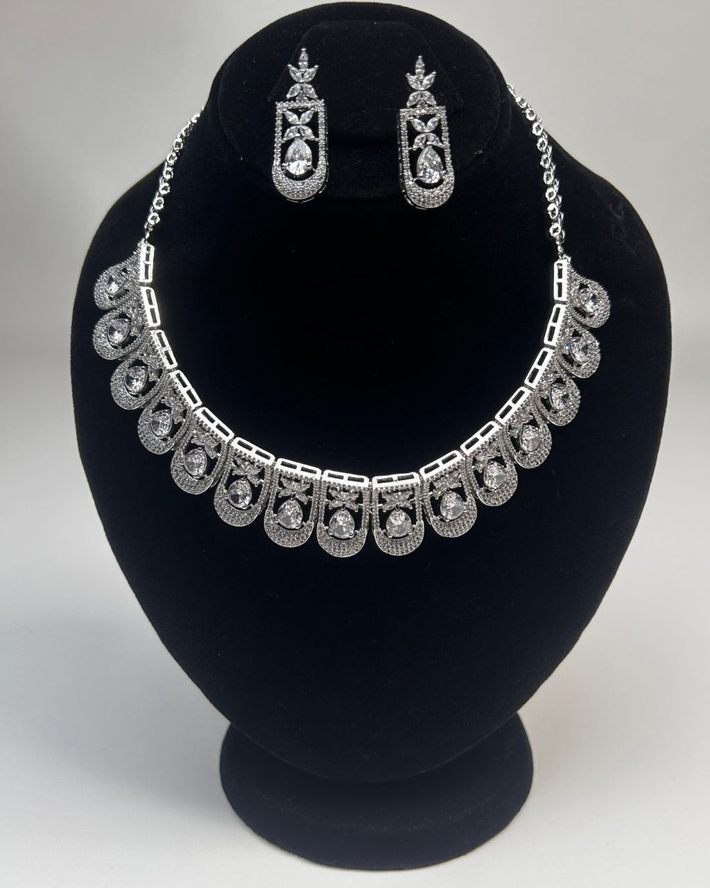 Silver Zircon Teardrop Party Wear Necklace Set with Earrings