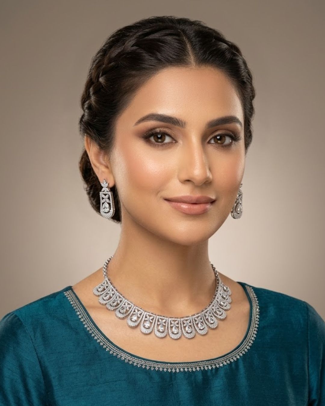 Silver Zircon Teardrop Party Wear Necklace Set with Earrings
