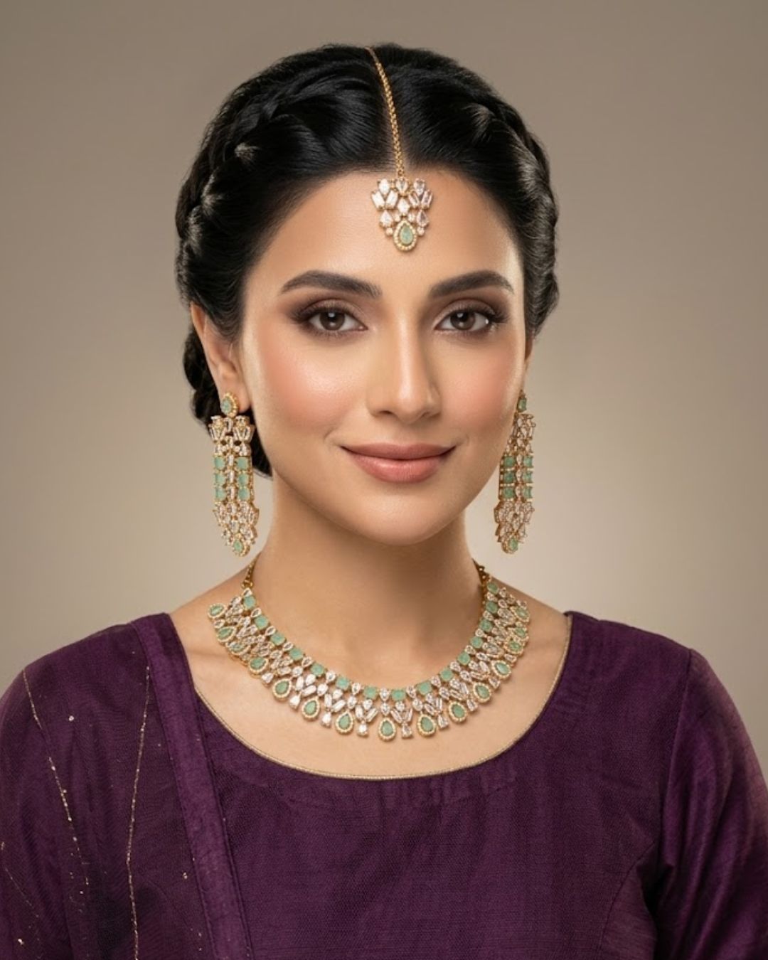 Zircon Statement Party Wear Jewelry Set with Earrings & Tikka