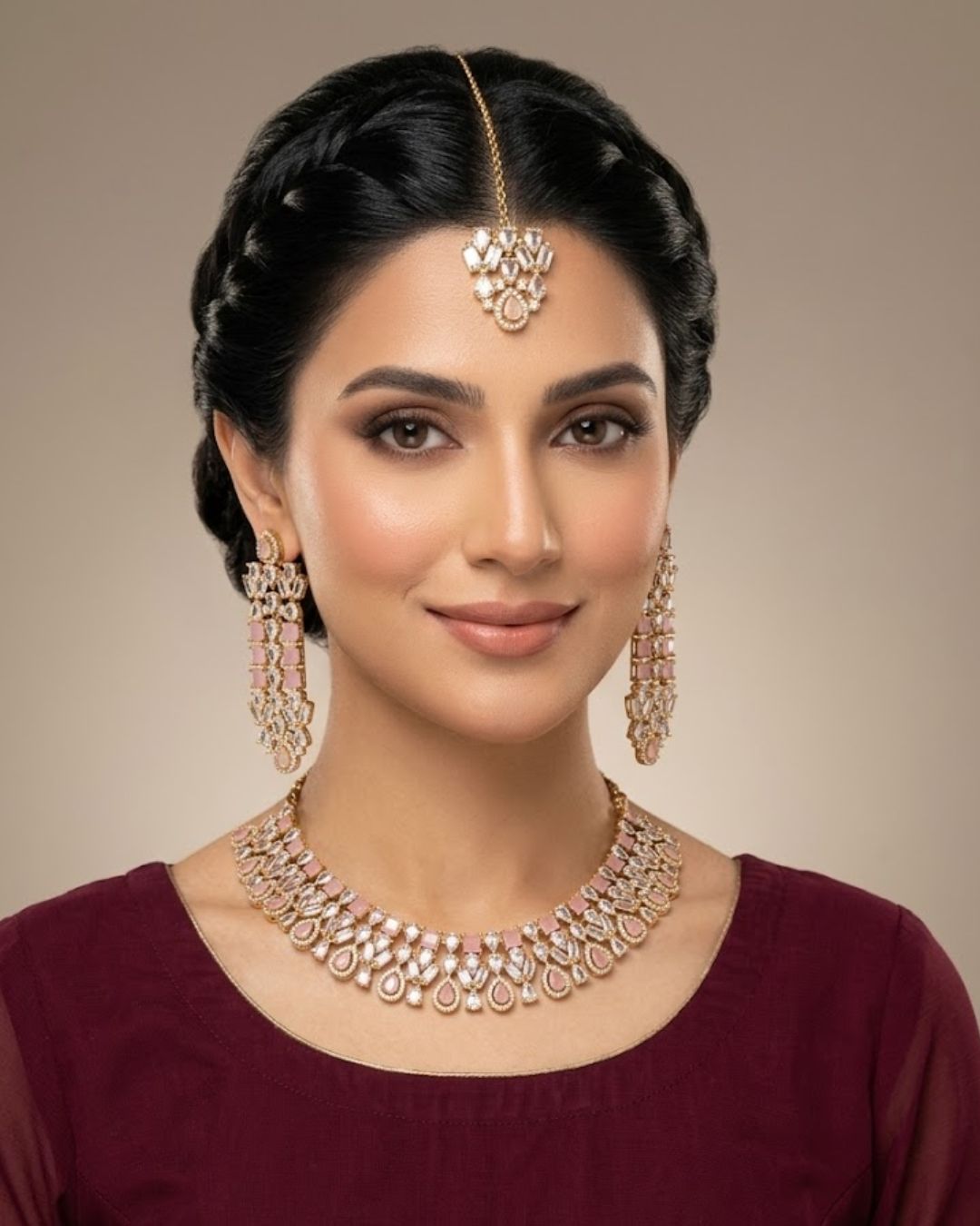 Zircon Statement Party Wear Jewelry Set with Earrings & Tikka