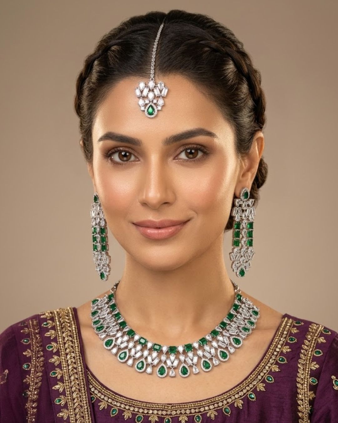 Woman wearing traditional jewelry with a purple outfit on a beige background