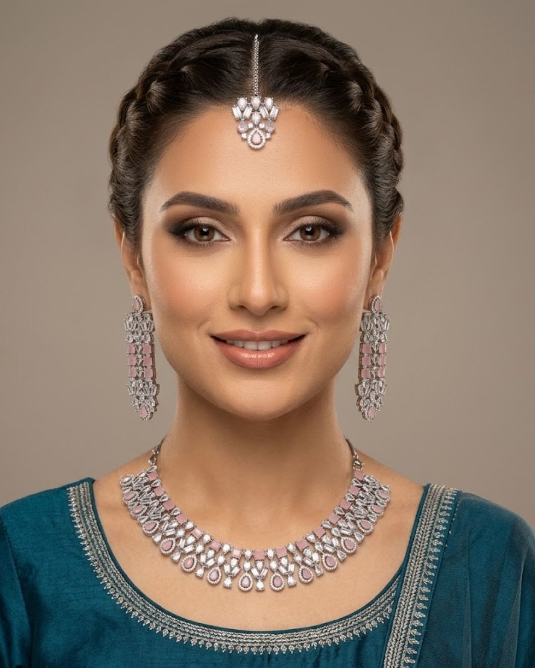 Zircon Statement Party Wear Jewelry Set with Earrings & Tikka