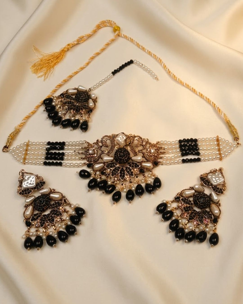 Floral Pearl Beaded Choker Set with Earrings & Tikka