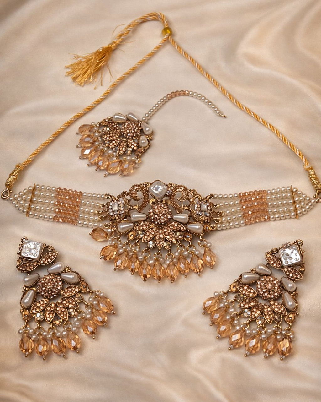 Floral Pearl Beaded Choker Set with Earrings & Tikka