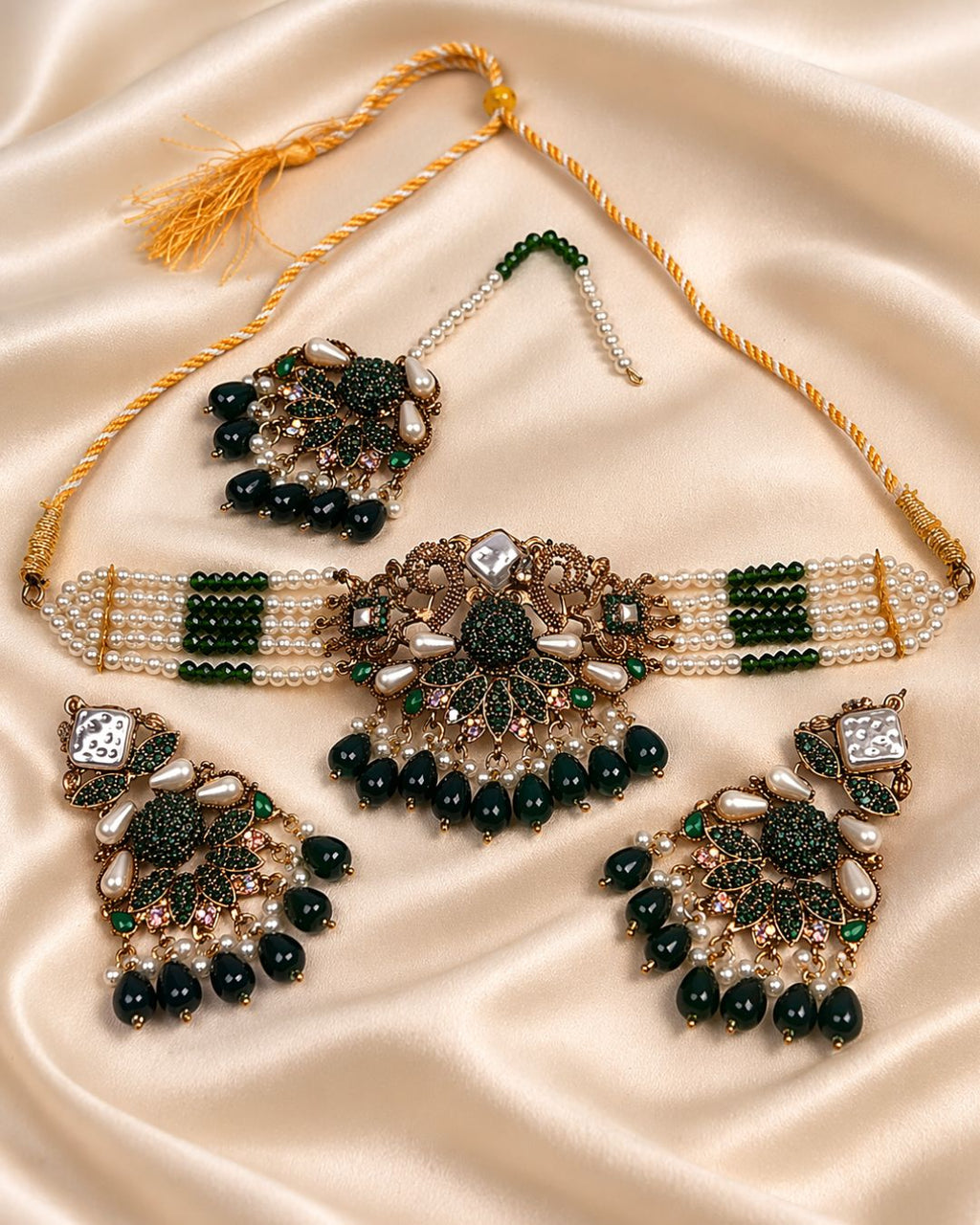 Floral Pearl Beaded Choker Set with Earrings & Tikka