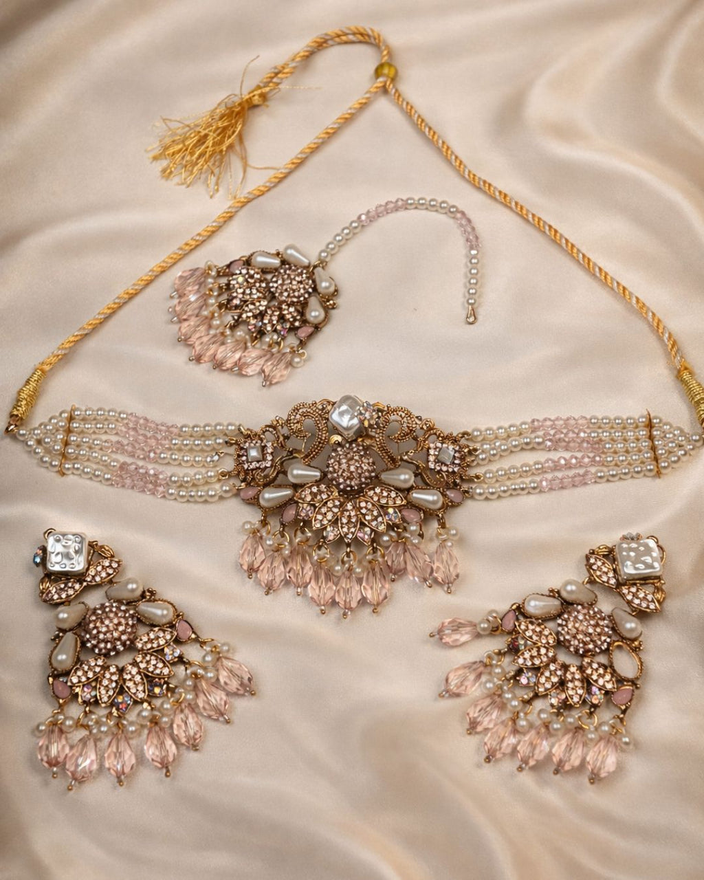 Floral Pearl Beaded Choker Set with Earrings & Tikka
