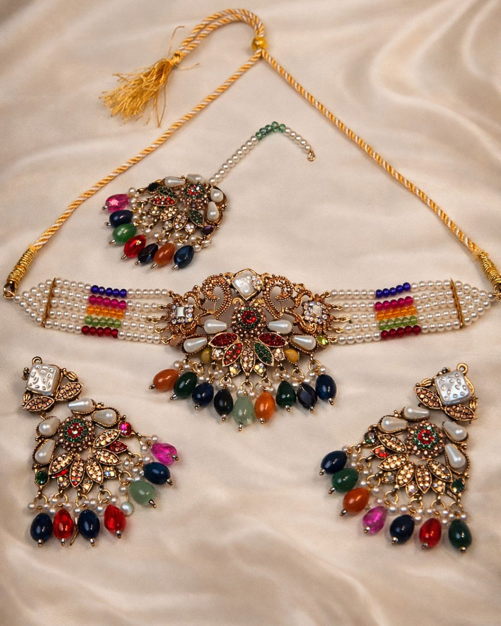 Floral Pearl Beaded Choker Set with Earrings & Tikka