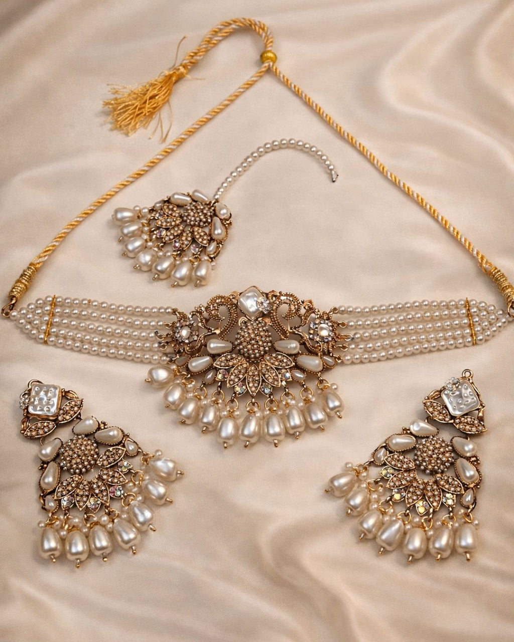 Floral Pearl Beaded Choker Set with Earrings & Tikka