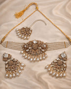 Floral Pearl Beaded Choker Set with Earrings & Tikka