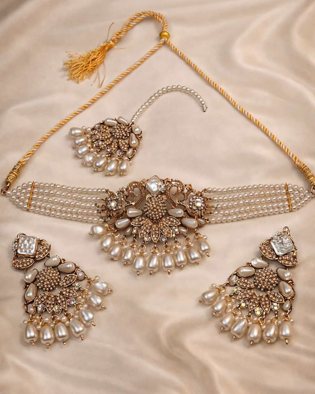 Floral Pearl Beaded Choker Set with Earrings & Tikka