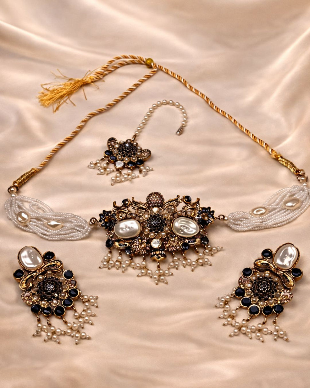 Pearl Beaded Floral Choker Set with Earrings & Tikka