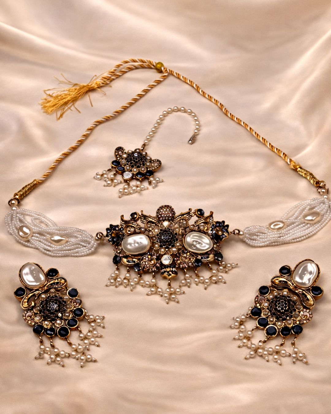 Pearl Beaded Floral Choker Set with Earrings & Tikka